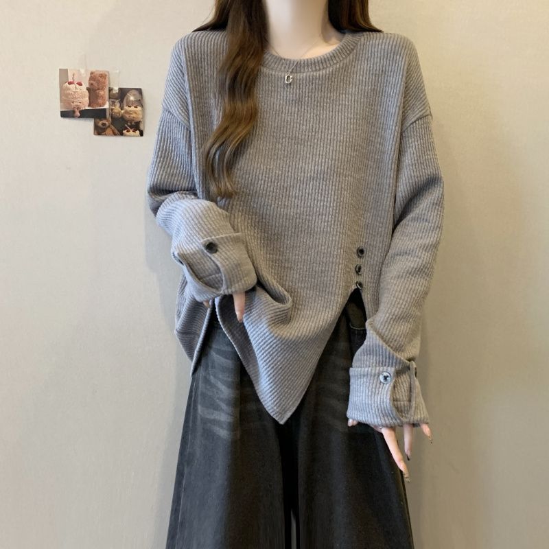 T-shirt à manches longues pour femmes, grande taille, nouvelle collection printemps-automne, décontracté, ample, texture fine, à rayures, fendu
