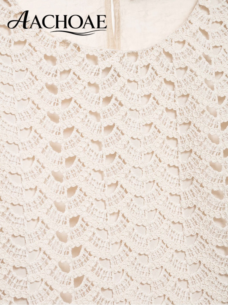 AACHOAE Blouse en dentelle pour femme, style peplum, manches bouffantes, haut en crochet, col rond élégant, ourlet à volants, coupe ample, chemise d'été, haut vintage bohème