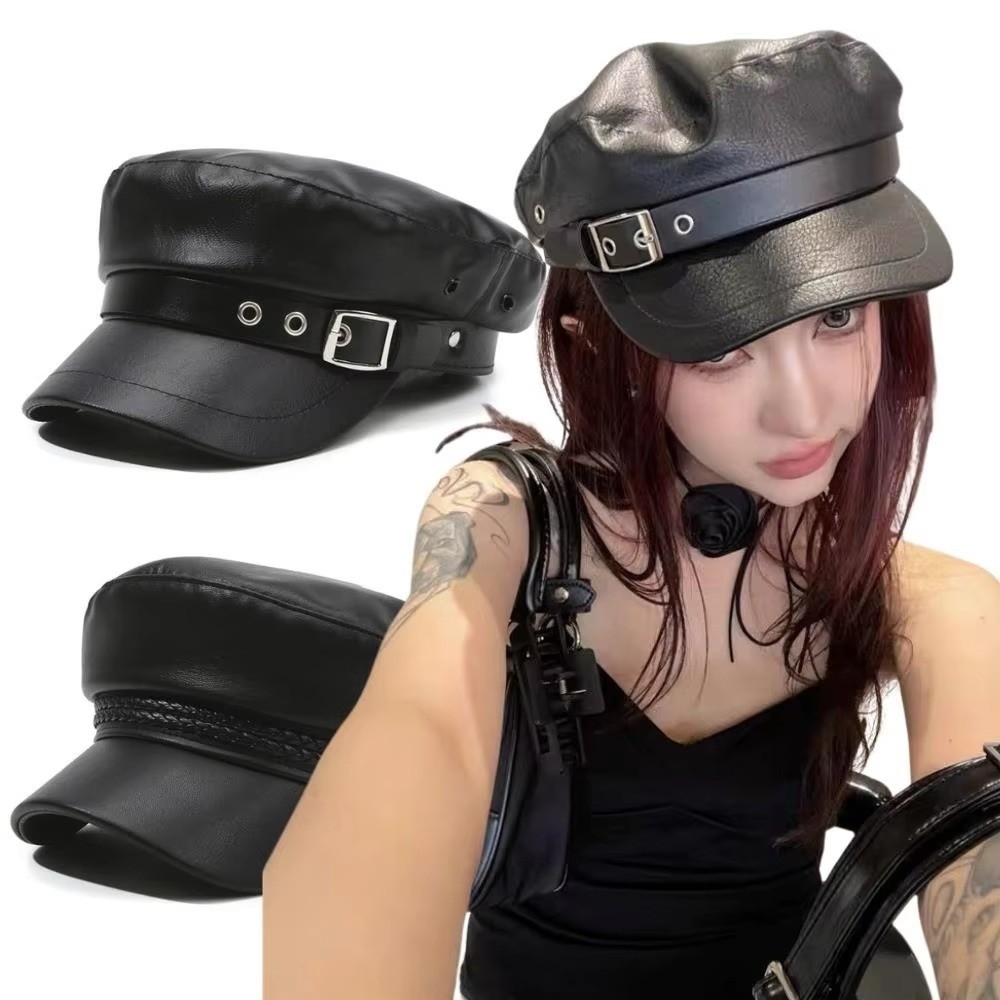 Béret classique à visière plate en cuir PU noir, style marin, chapeau de peintre punk, réglable