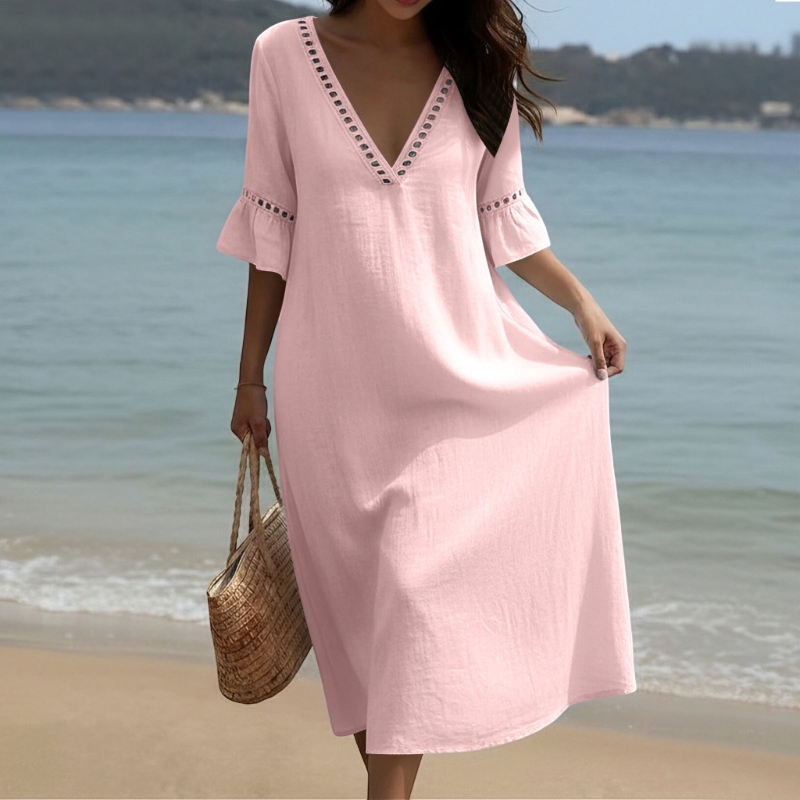 Robes longues fluides en dentelle à manches mi-longues et col en V pour femmes, coupe ample en gaze de coton