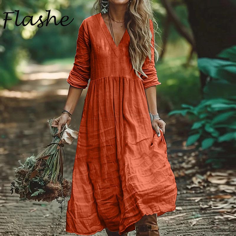 Robes longues amples en coton et lin pour femmes, nouvelle collection printemps-automne 2021, décontractée, manches longues, col en V, Maxi, robe de soirée, de vacances