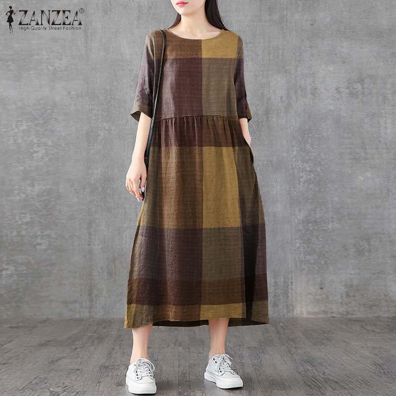 ZANZEA – Robe mi-longue à carreaux pour femmes, Vintage, décontractée, en coton et lin, à la mode, col rond, surdimensionnée, été, 2023