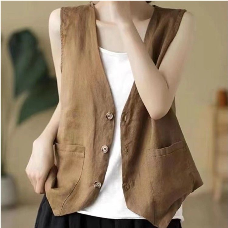 Femmes lin gilet été décontracté sans manches Cardigans veste ample mince décontracté bouton gilet haut femme Streetwear gilet manteau