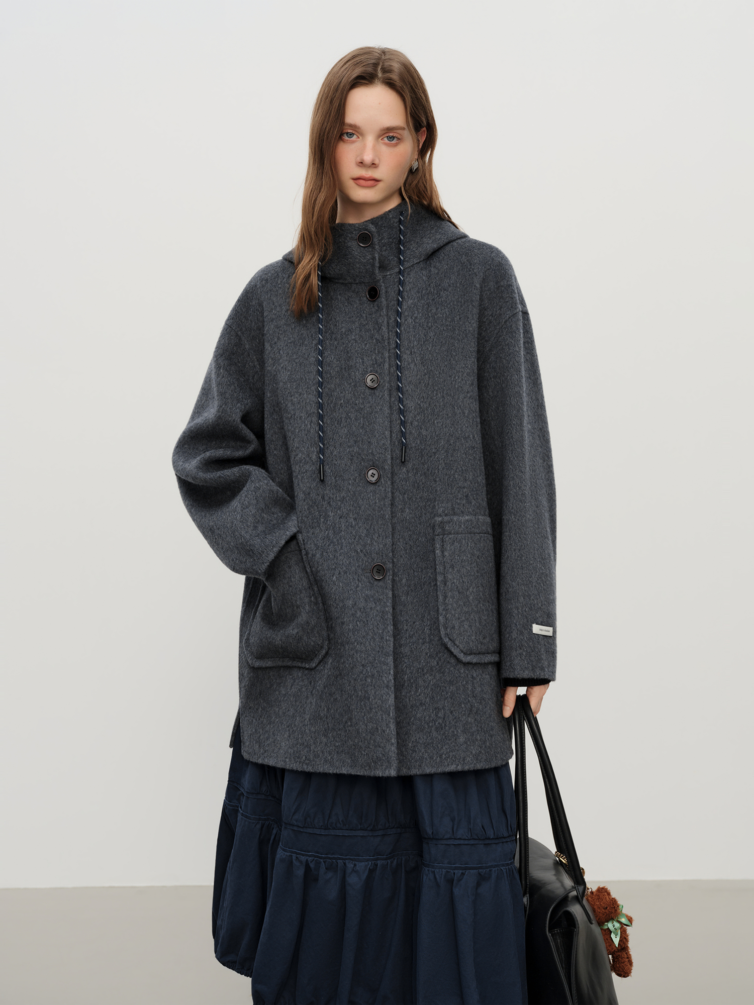 FSLE manteau en laine Double face à capuche rajeunissant de Style collégial pour femmes manteau en laine mi-long poches gris fille