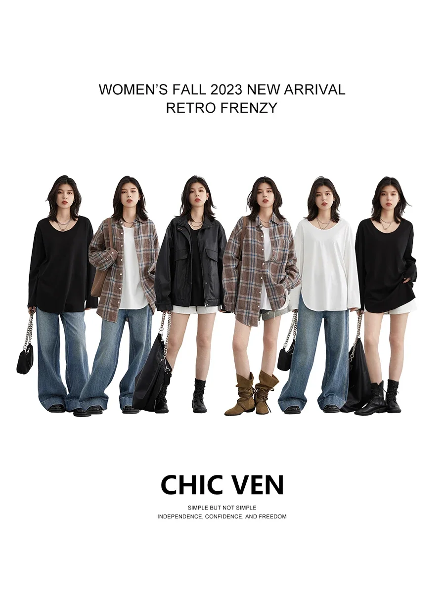 T-shirts amples décontractés à col en U et manches longues pour femmes CHIC VEN – Hauts fendus pour femmes, vêtements féminins automne-printemps 2026