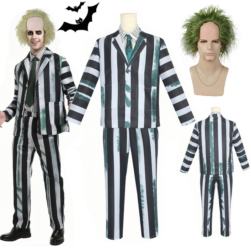 Costume à rayures noires et blanches pour hommes adultes, imbibé de perruque, Halloween Cosplay, tenue de fête, film d'horreur Rick