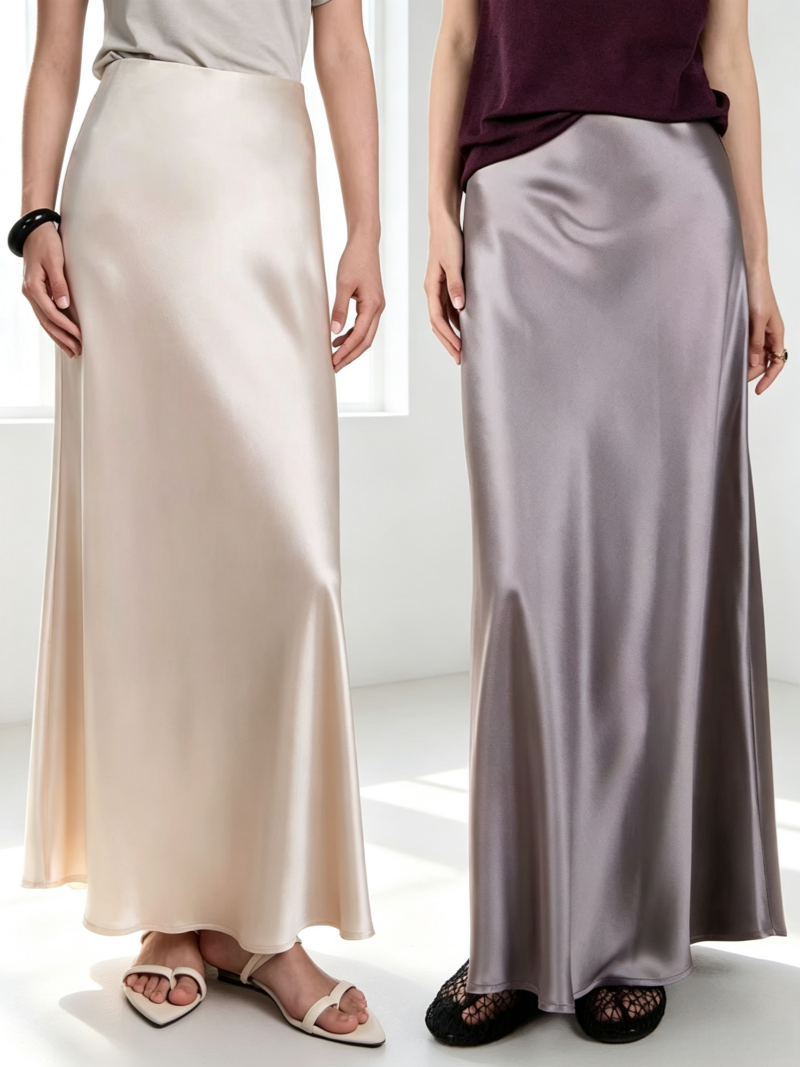Jupe longue sirène KAROFI en satin effet soie de luxe pour femme, taille haute, fluide, élégante pour le bureau, les soirées et les fêtes, finition brillante SK442