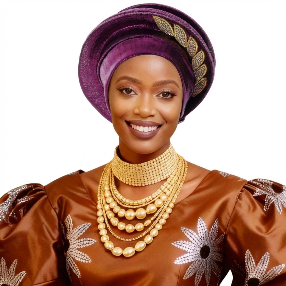 Turban Béret Spirale Léger et Respirant avec Motifs Feuilles et Diamants, Style Luxe Africain, Coiffe Nigériane pour Femme