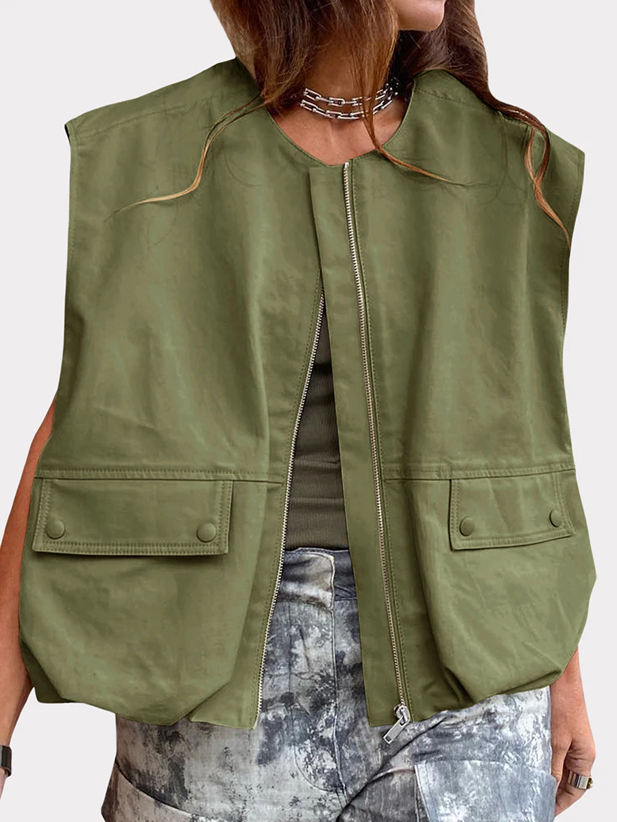 Gilets cargo à col rond pour femmes, gilet à fermeture éclair en fibre, poche féminine, streetwear décontracté, mode automne, 2024