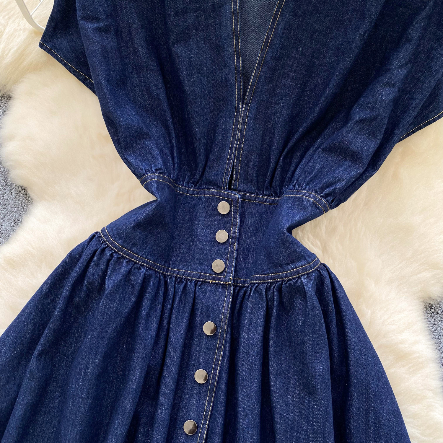 Women Denim Dress Summer Sexy Deep V-neck High Waist Pleated Jeans Dersses Ladies Vintage Slim A-line Long Robe Vestidos
