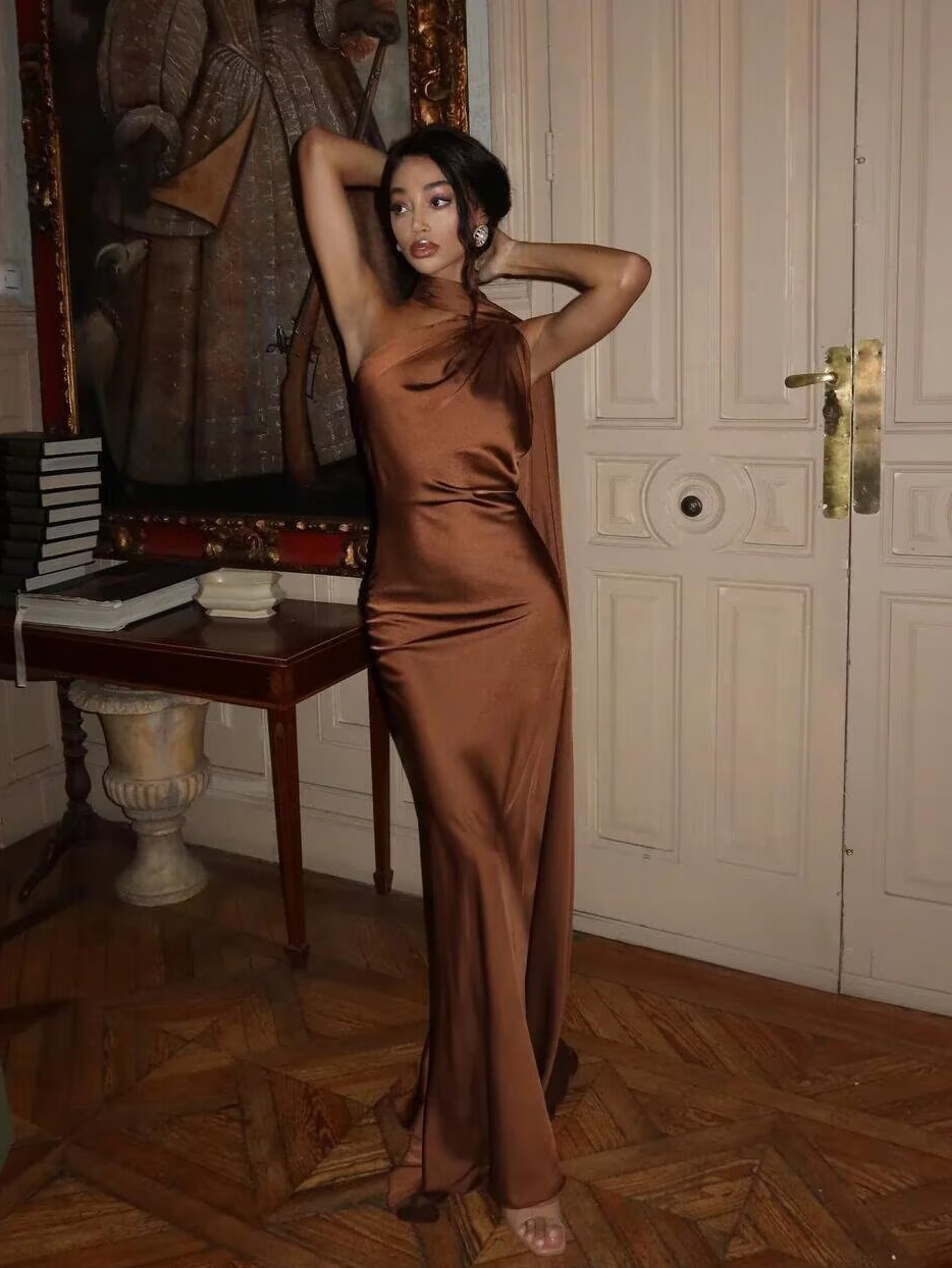 Robe de soirée élégante en satin longue avec ruban pour femme, chic, dos nu, sans manches, nouvelle collection été, couleur unie