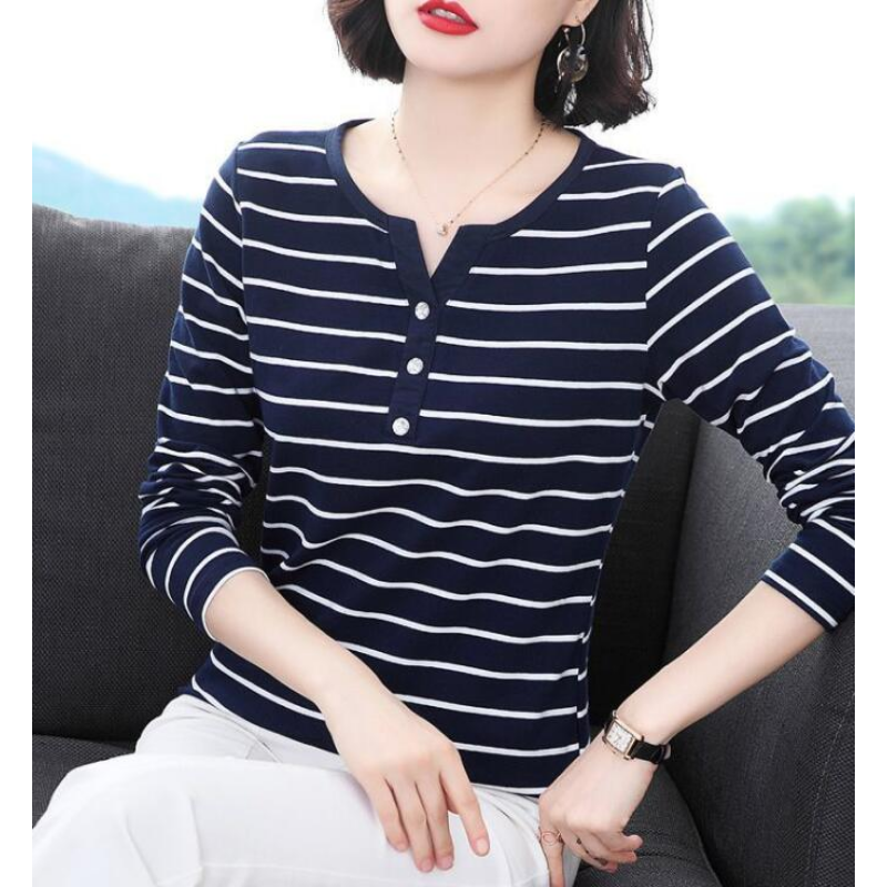 T-Shirt en coton femmes à manches longues rayé T-Shirt mode 2023 printemps automne femme vêtements haut T-Shirt dame col en v hauts 7215