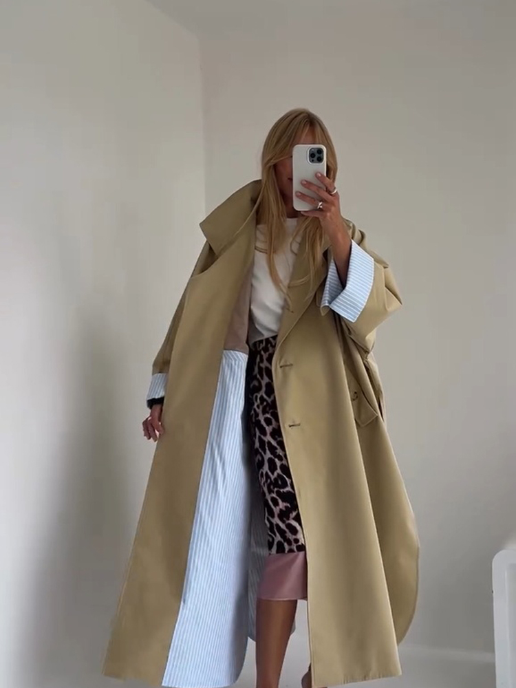 Manteau trench long kaki à rayures color-block pour femme 2026, col large, coupe ample, épaules tombantes, doublure bleue, fente latérale, idéal pour les trajets quotidiens et les sorties