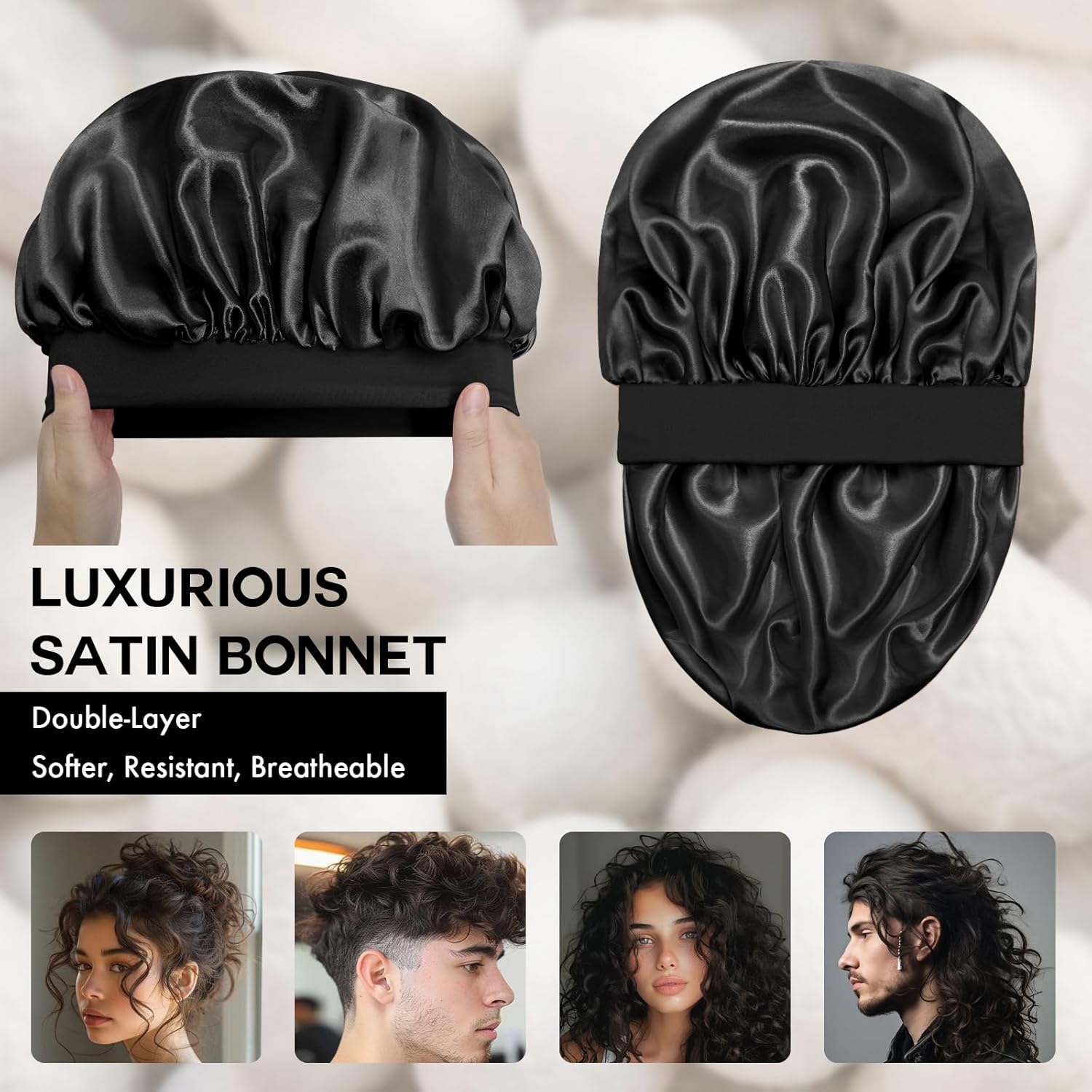 Bonnet en soie pour dormir, bonnet de nuit en soie double couche pour hommes et femmes, bonnet doux doublé de satin pour cheveux bouclés