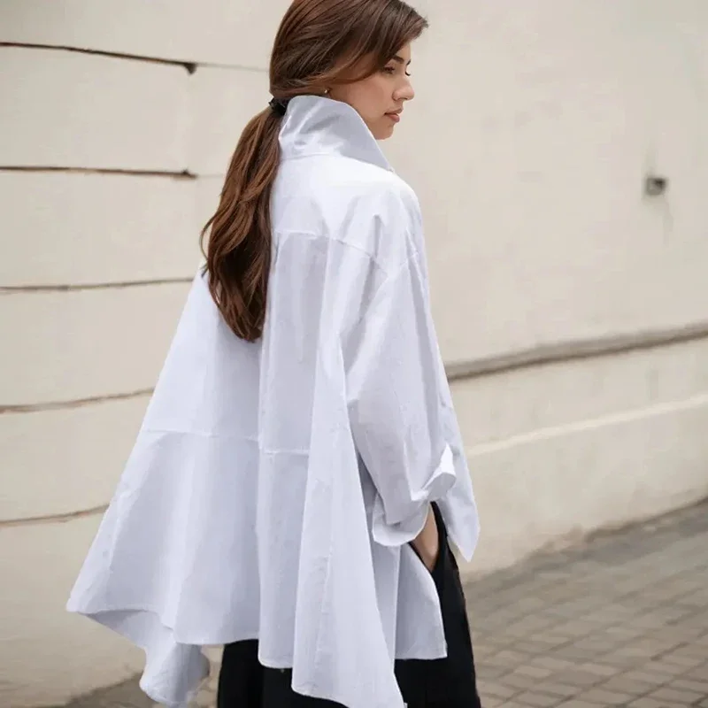 Chemisier décontracté pour femmes, chemise blanche ample irrégulière, mode dame, revers, manches longues, simple boutonnage, hauts de couleur unie, nouvelle collection