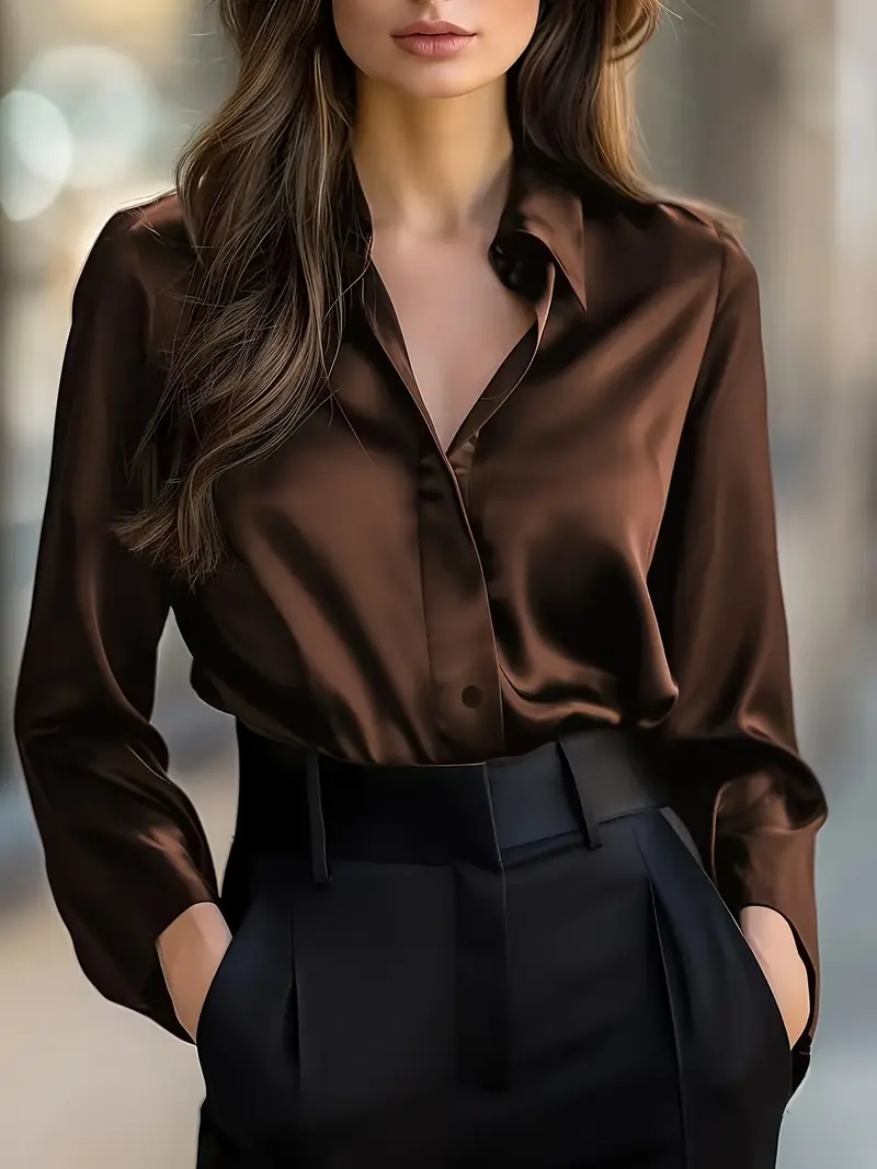 Chemisier élégant à manches longues en satin noir pour femme, chemise à col boutonné, parfait pour un usage décontracté ou professionnel