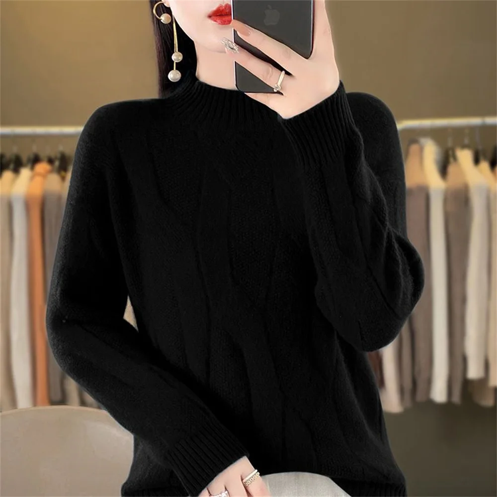 Pull en laine à col mi-haut pour femme, pull en cachemire monochrome, manches longues douces, vêtements à la mode, automne et hiver