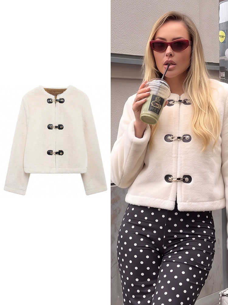 HH Manteau élégant pour femme à col rond et simple boutonnage, veste courte beige décontractée pour l'hiver et les vacances, vêtement d'extérieur à manches longues pour les soirées et la mode