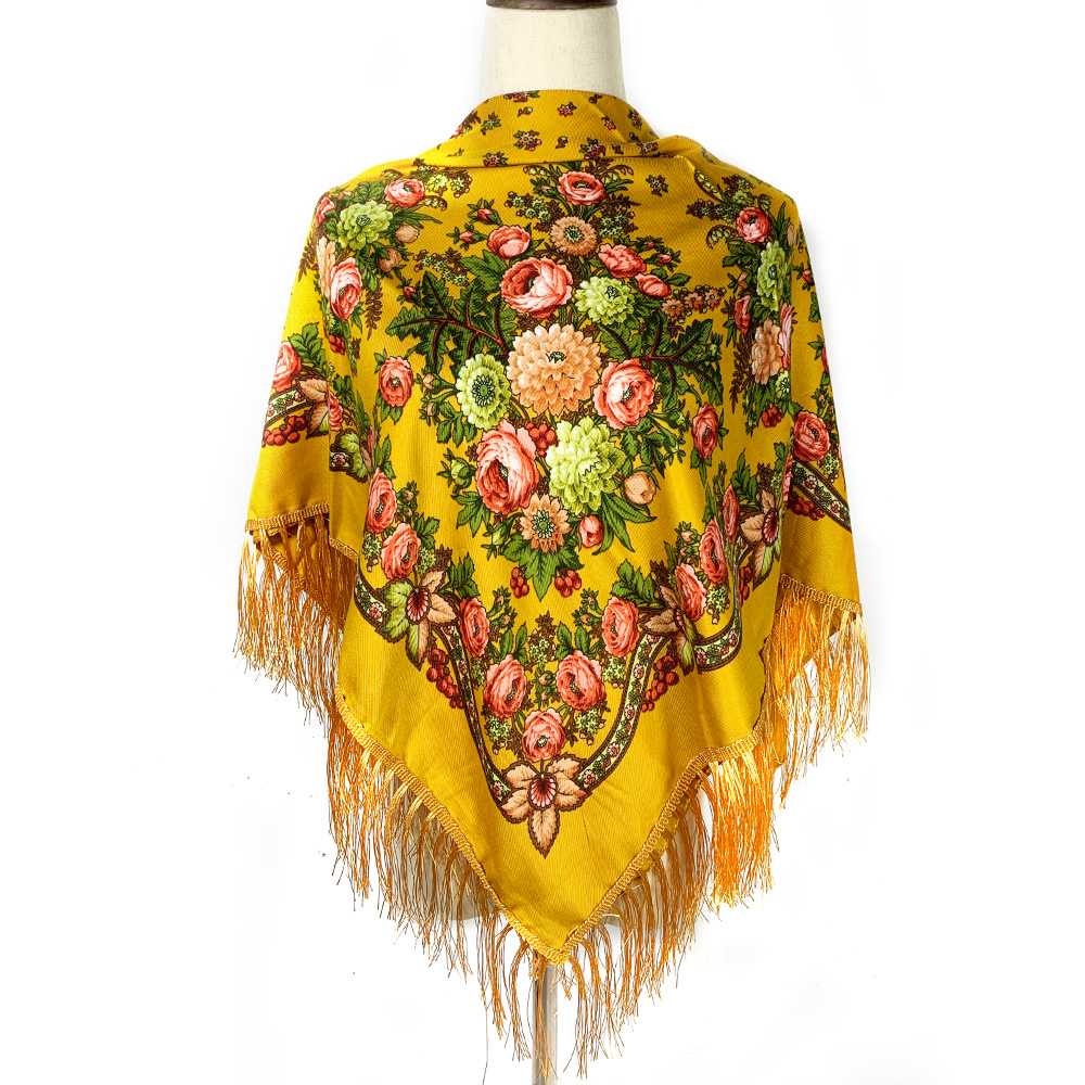 Style russe imprimé fleuri carré écharpe femmes rétro ukrainien à franges châle Babushka Bandana mouchoir femme bandeau