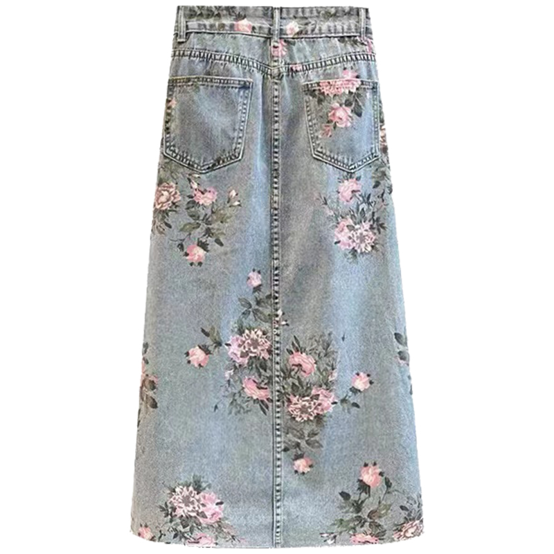 Imprimé fleuri Denim jupes longues femmes été Vintage Maxi jean jupe taille S - 5XL côté fendu taille haute femmes jupe longue coréenne
