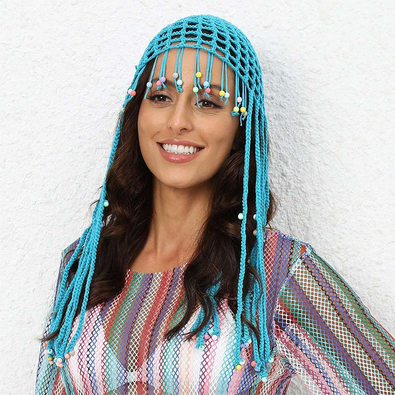 Chapeau en crochet style ethnique, chapeau de plage à pompons, bandeau perlé en maille à pompons, accessoire de cheveux style bohème, tenue tendance ﻿