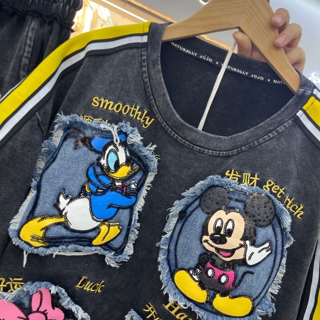 Ensemble haut à manches courtes et short, broderie cartoon de style industriel, mode européenne et américaine, ample et tendance