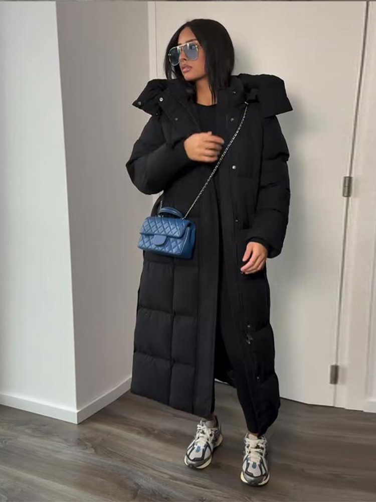 Veste Maxi en coton brillant pour femme, Chic, avec capuche, mode, manches longues, ceinture à la taille, manteau surdimensionné, vêtements d'extérieur chauds d'hiver 2025