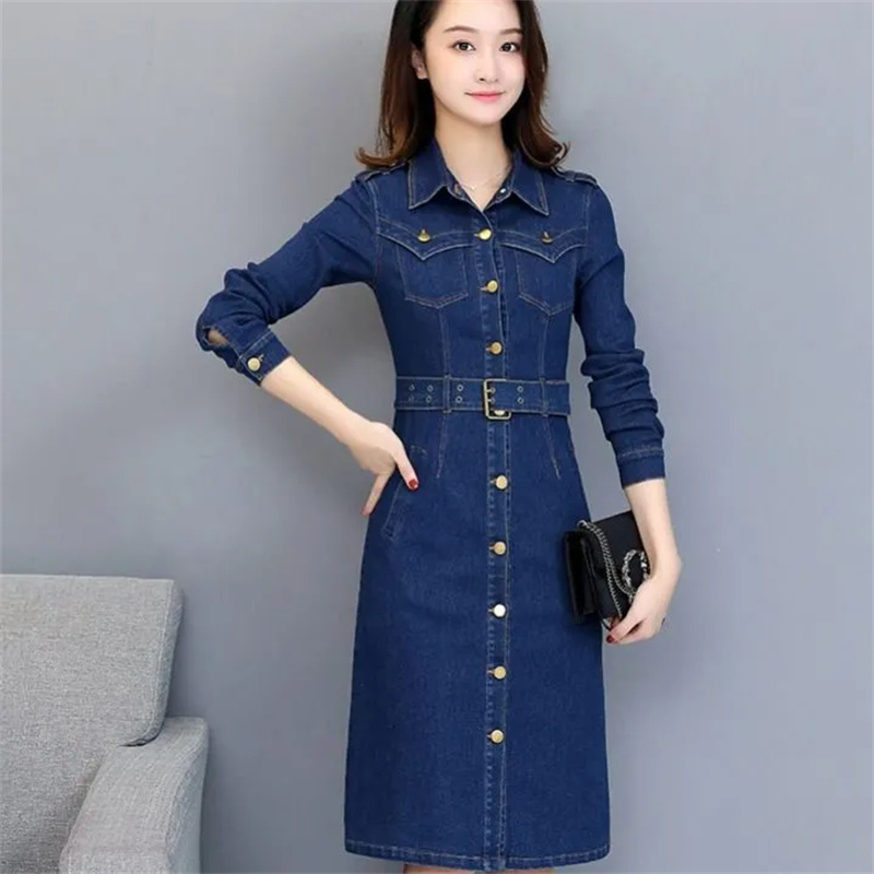 Robe en jean à simple boutonnage, nouvelle collection Printemps-Automne 2026, pour femme, coupe ajustée, manches longues, longueur mi-longue, effet amincissant et drapé sur les hanches