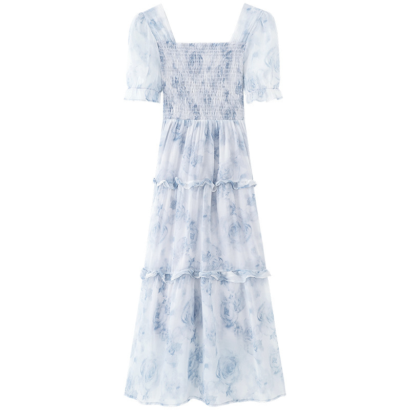 Robes pour femmes 2026 : Robe longue florale à col carré, manches bouffantes, taille cintrée, style féerique et élégant – Vêtements féminins