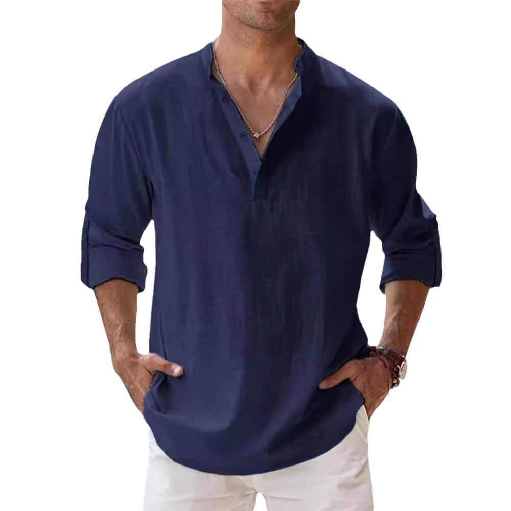 Chemise d'été pour homme en lin à col montant et manches longues, coupe ample, couleur unie, en coton et lin, vêtements pour homme