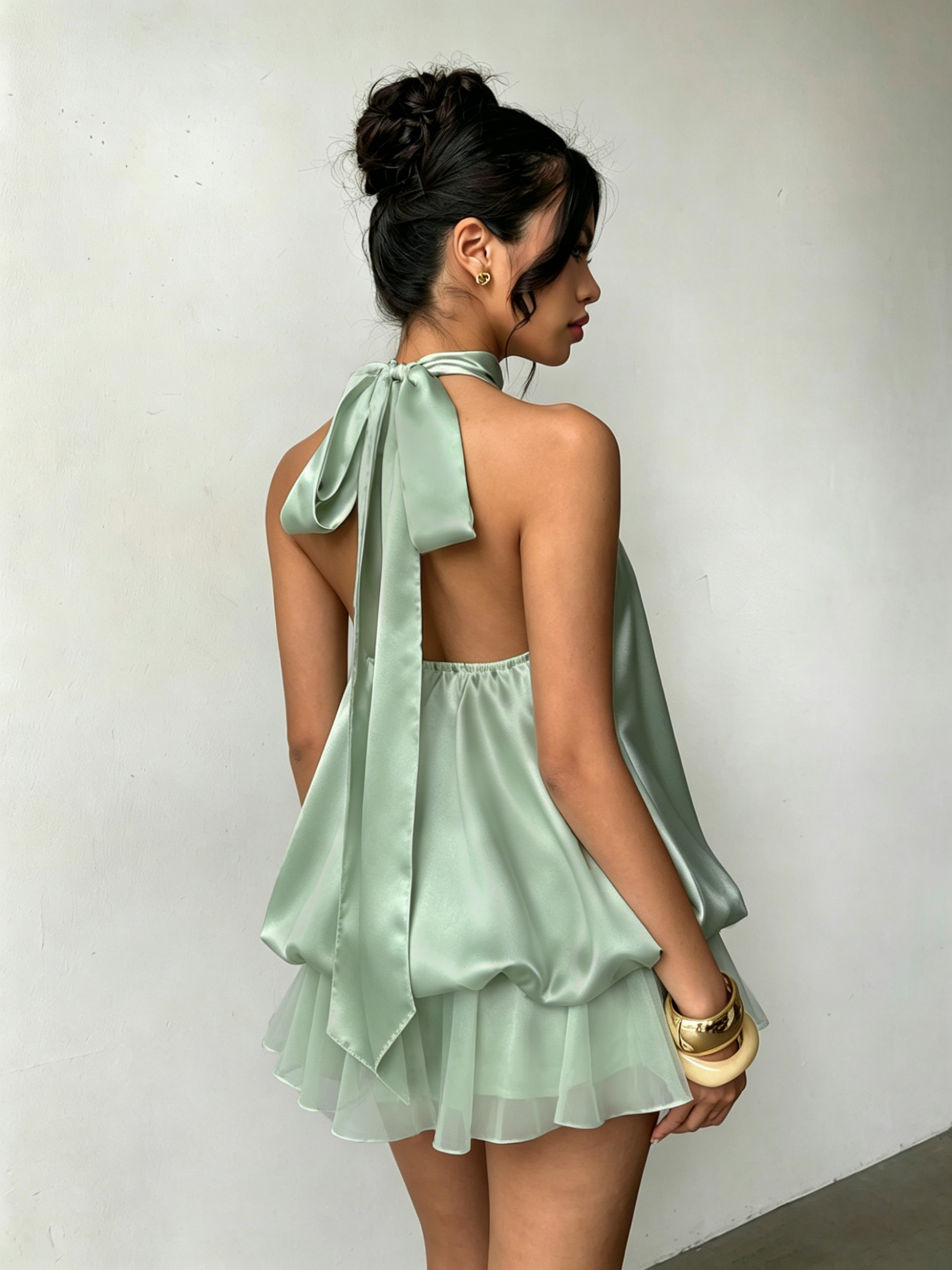 Robe élégante en satin et mousseline pour femmes avec nœud décoratif, robe de soirée tendance pour dames