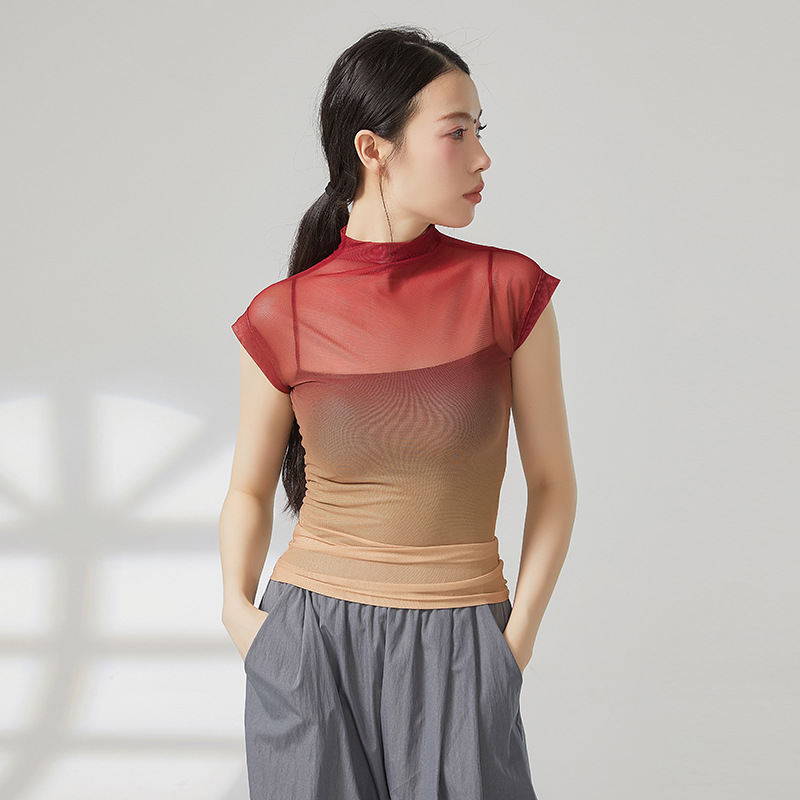 Haut en gaze sans manches pour femmes, maille transparente dégradée, chemise sexy, col haut, tenue de ballet classique moderne, vêtements d'entraînement, nouveau