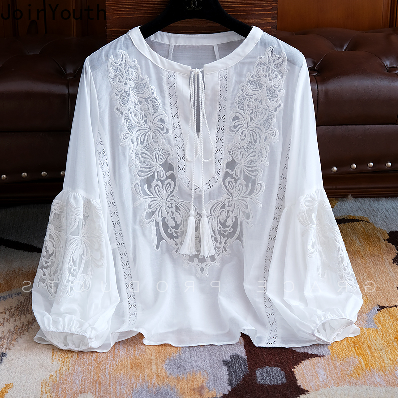 Blusas Mujer De Moda 2025 été Blouses élégantes vêtements pour femmes broderie lanterne manches chemises ample dentelle hauts blancs Femme