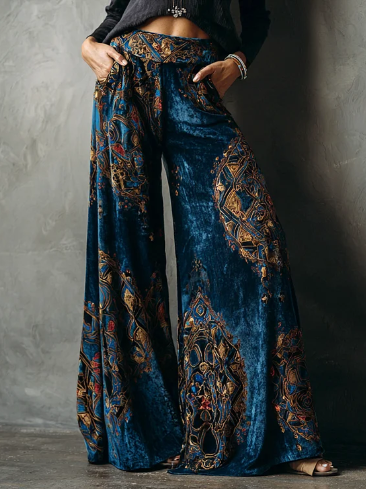 Pantalon à jambes larges femmes Style ethnique rétro taille haute velours Pantalon mode décontracté Vintage Pantalon Femme poche bas ample