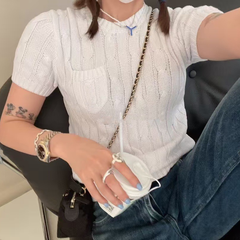 T-shirts pour femmes style Old Money, col rond torsadé, broderie, poche, tricoté, manches courtes, pulls d'été, hauts J269