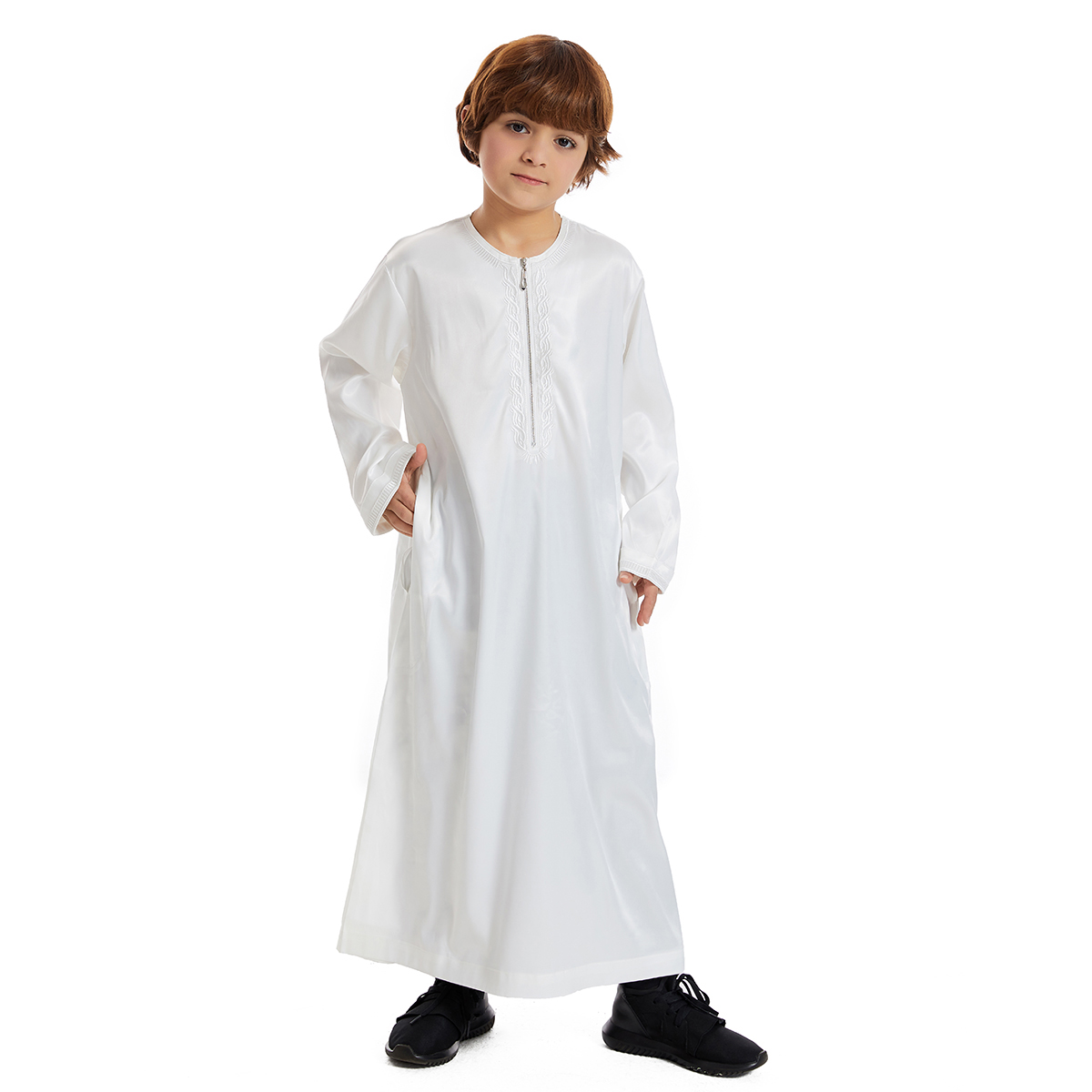 Abaya-Robe longue pour enfants musulmans, pour Ramadan, Jubba, Thobe de prière, pour garçons, caftan islamique, col rond, pour caftan, dubaï, arabe