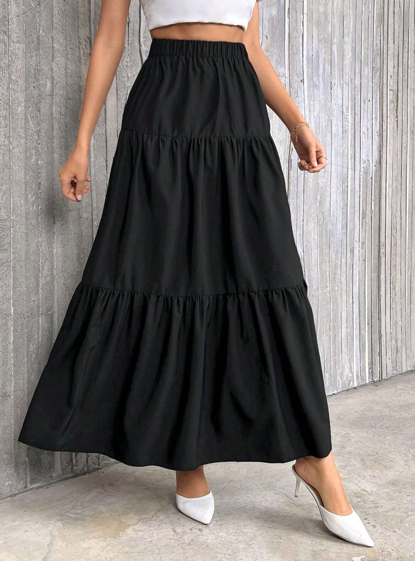 Jupe à ourlet à volants pour femmes, jupe trapèze taille haute de couleur unie, coupe ample décontractée et polyvalente pour les tenues quotidiennes, best-seller
