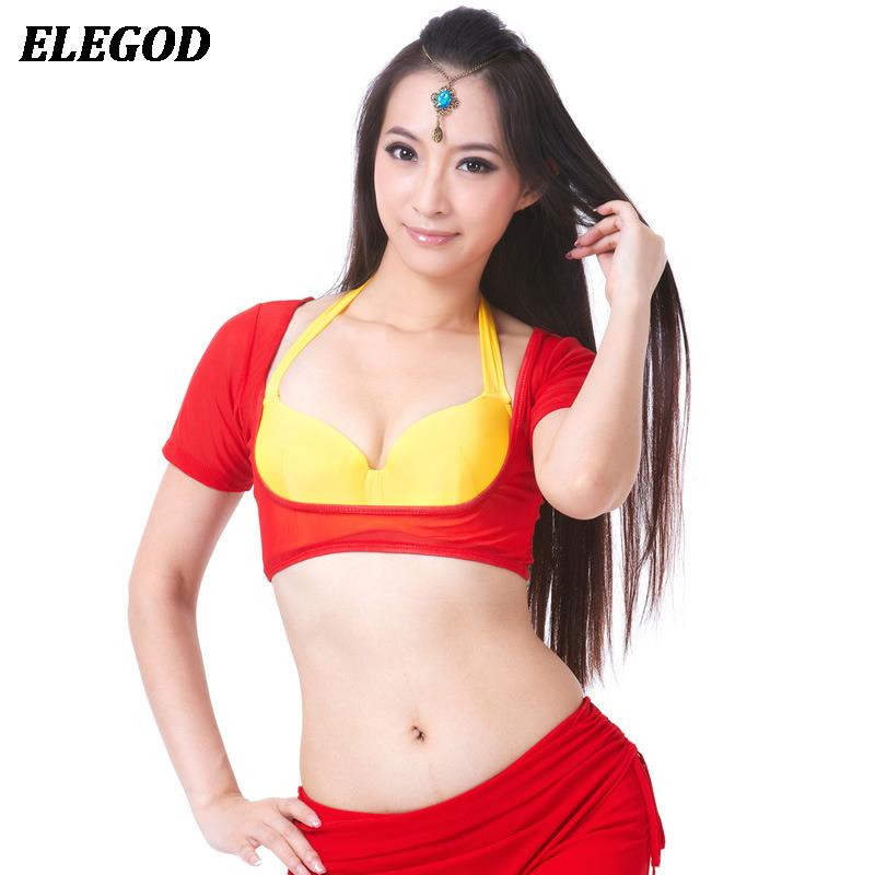 Haut court de danse du ventre pour femmes, sexy, en maille, à décolleté ouvert, manches courtes, couleur unie, costumes de danse du ventre, vêtements de danse professionnels