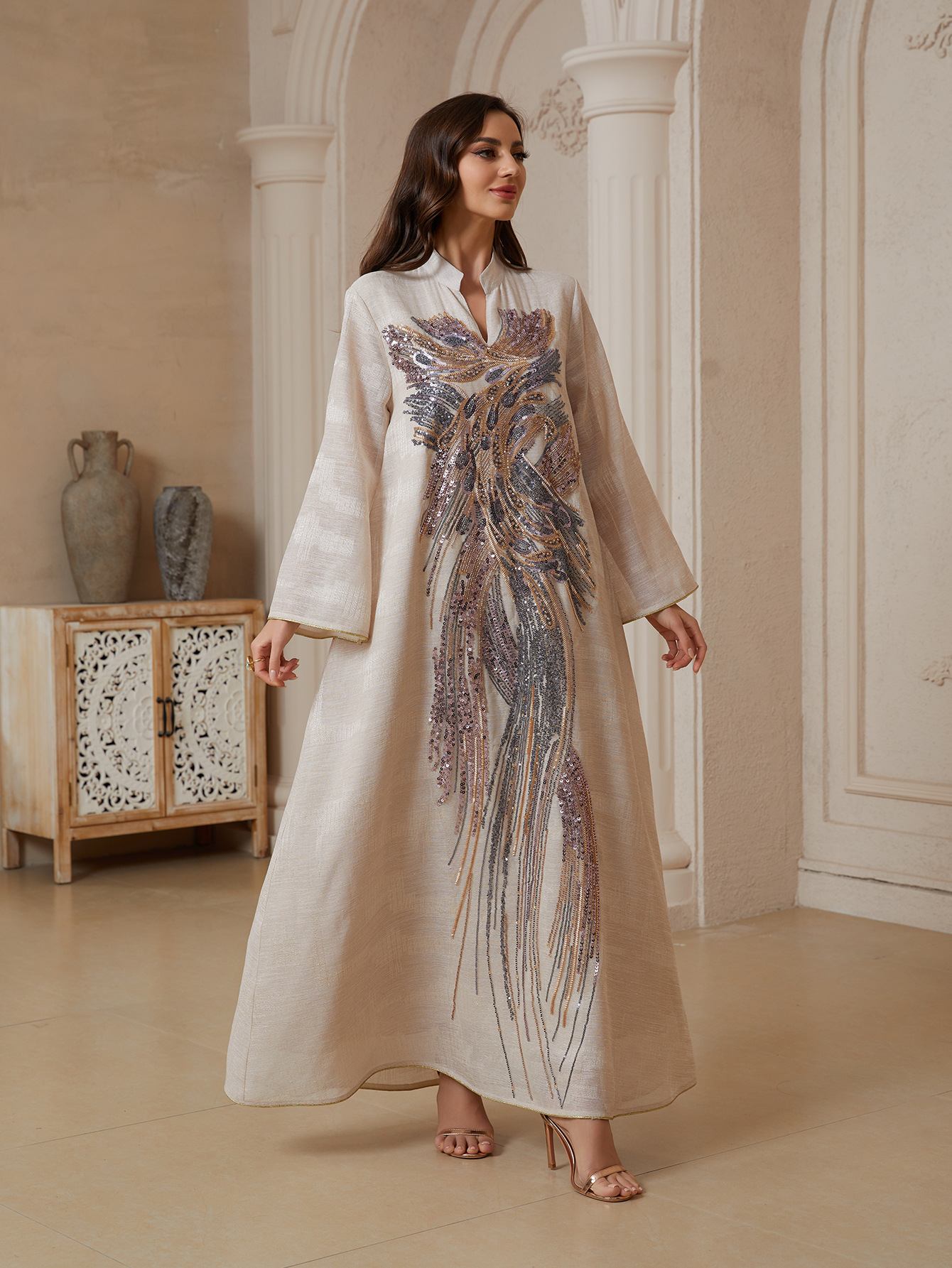 Robe Abaya pour femme, style Eid, en maille à sequins, longue, style Dubaï, Kaftan, Robe arabe, Caftan de fête, Jalabiya, Ramadan 2026