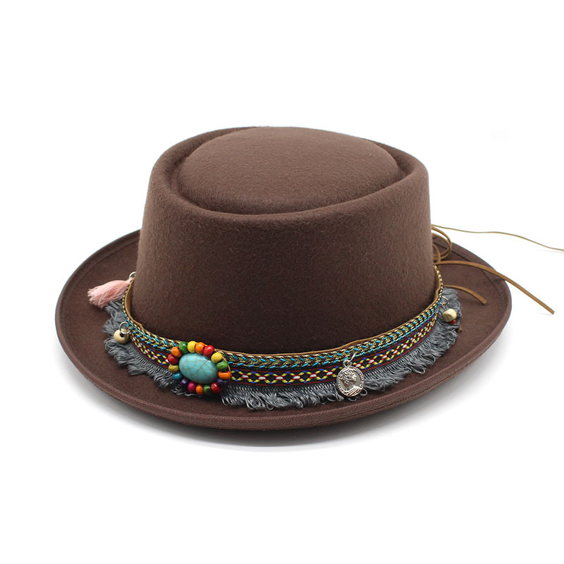 Nouveau ethnique femmes Jazz chapeau haut plat bord Tophat mode traditionnelle tarte de porc chapeau gland ruban église Trilby dame Fascinator chapeau