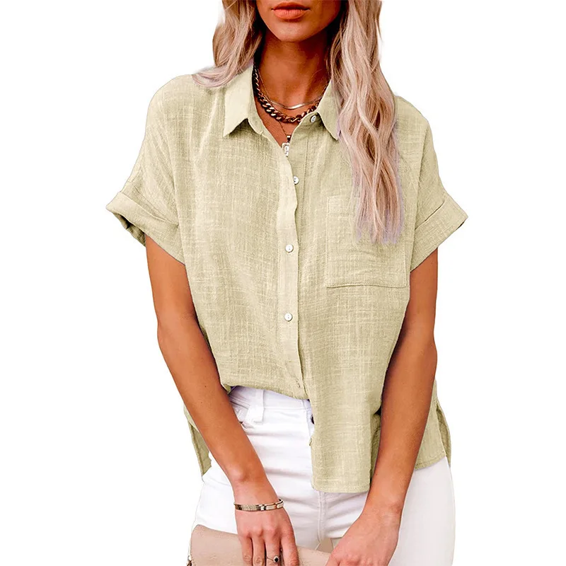 Femmes T-shirt médicaments L-5XL plus taille populaire européenne et américaine médicaments d'été coton et lin poche boutons à manches courtes