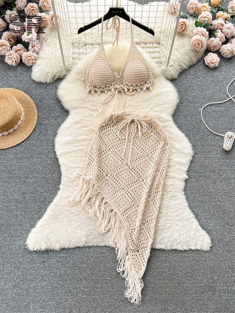 SINGREINY-Jupe longue en tricot à glands pour femme, caraco dos nu, jupe irrégulière, élégant, décontracté, sexy, ensemble deux pièces, été, plage
