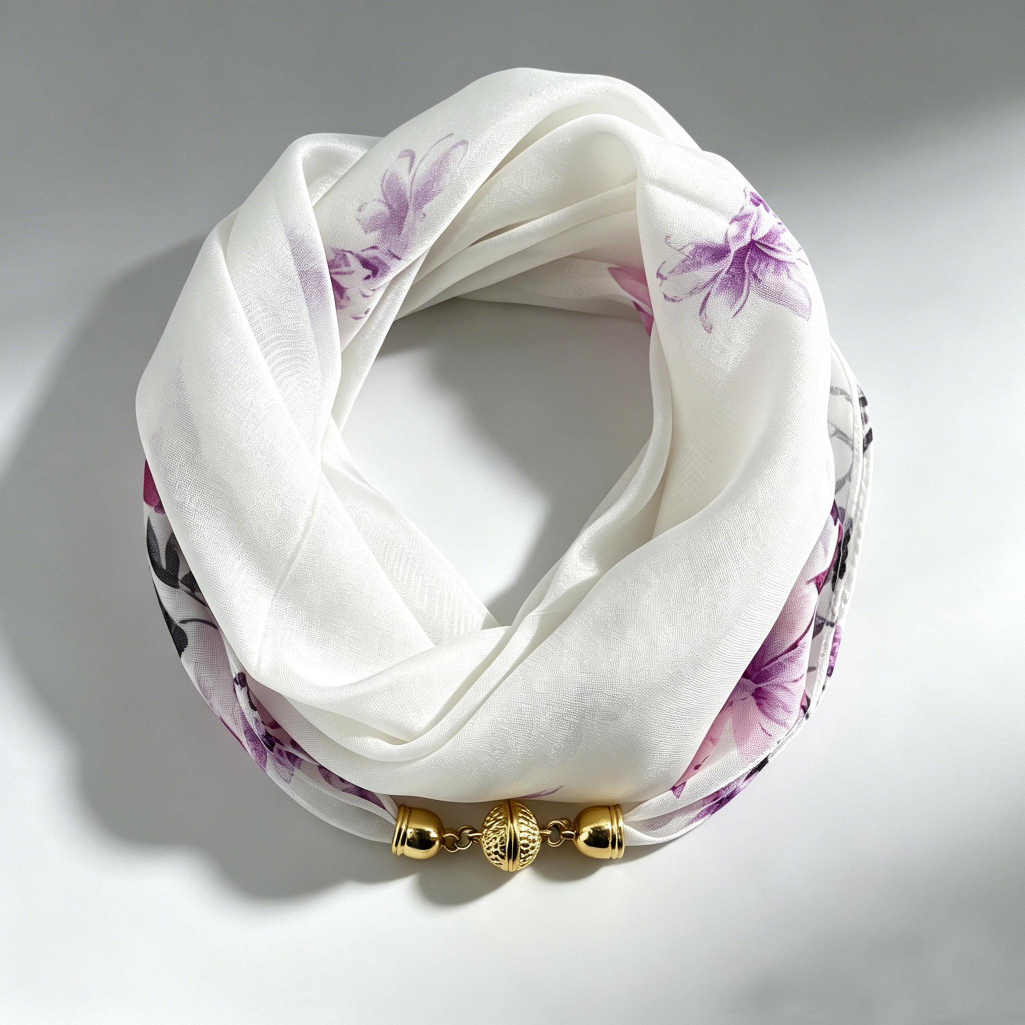 1 pièce Foulard-collier en mousseline imprimé floral blanc et rose pour femme, avec pendentif boule dorée magnétique, accessoire de mode pour le cou