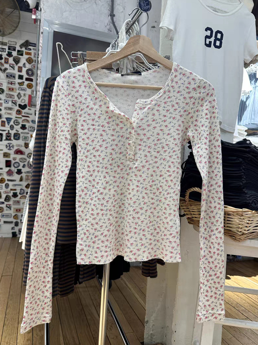 T-Shirt à manches longues pour femme, motif gaufré rose, boutons de printemps, col rond, en coton, Slim, doux et mignon, Style Preppy, Y2k