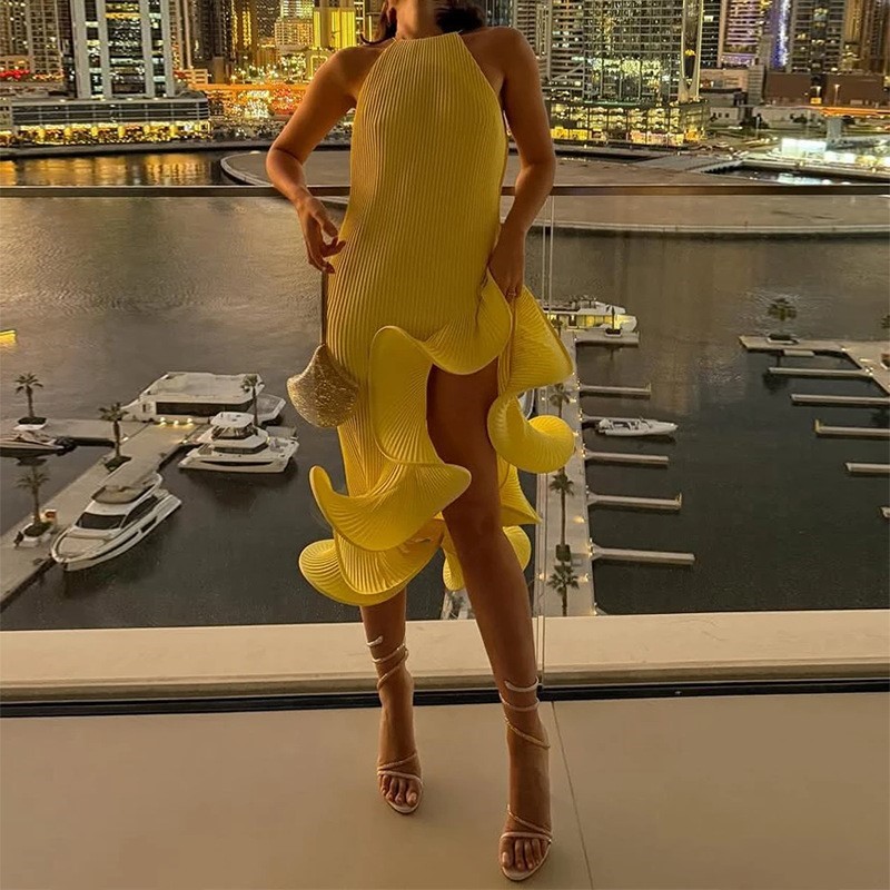 Robe longue jaune romantique pour femme, col licou, en maille côtelée, à volants, fente haute, coupe ajustée, Vestido 2026, Nouvelle collection Printemps, Robes tendance et mode