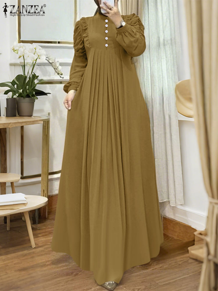 ZANZEA musulman modeste Maxi Robes femmes élégant volants garniture à manches longues plissé Abaya Robes islamique Hijabis Eid Robes 2025