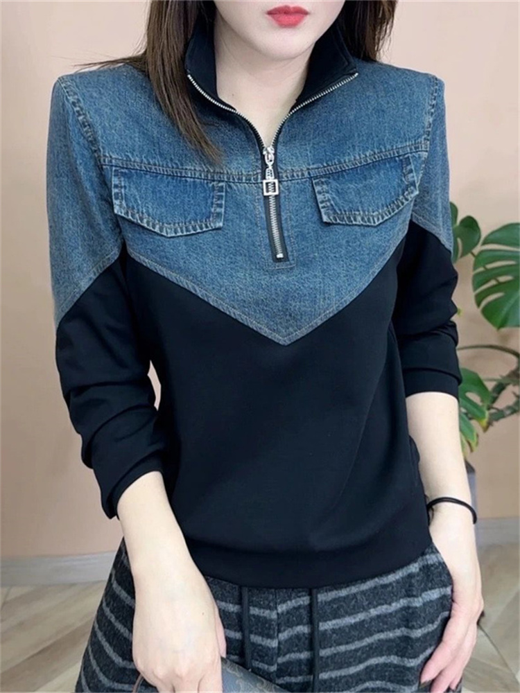 Veste femme grande taille col montant maman 2025 printemps mode nouveau décontracté fermeture éclair Denim couture fond chemise veste