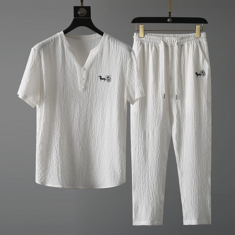Ensemble 2 pièces plissé texturé pour homme, broderie carrosse, hauts à manches courtes col en V, pantalon ample à taille élastique, tenue décontractée d'été