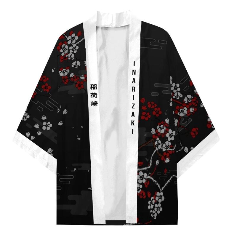 Kimono japonais imprimé renard Inari pour hommes et femmes, Costume traditionnel asiatique d'été Yukata Haori, Cardigan à fleurs rouge, Costumes de Cosplay
