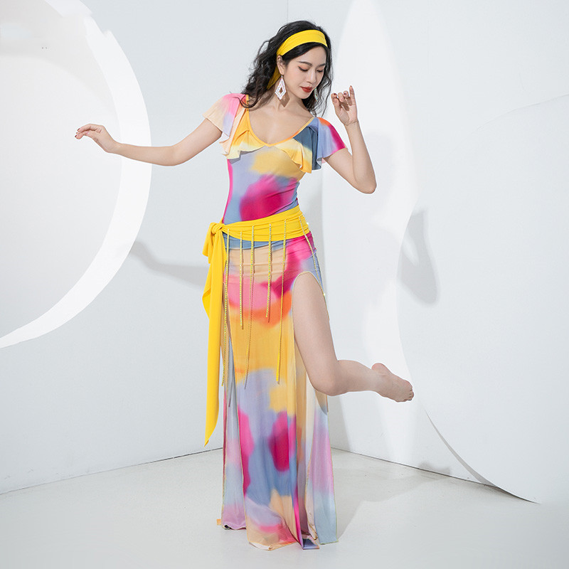 Shaine-Baladi-Costume de brevdu Ventre pour Femme, Robe Imprimée, Manches Courtes à Volants, Sexy, Fente Latérale, Performance, Nouveau, Ensemble de 4 Pièces